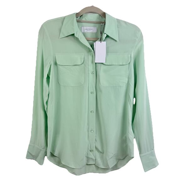 Equipment Femme New Mint Green 100% Silk Blouse XS Sheer Career Office Pockets - Picture 1 of 14